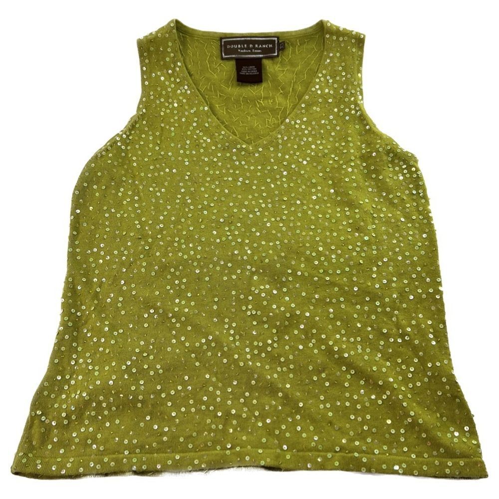 Double D Ranch Sequin Tank Top Linen Knit Blend Sleeveless V-Neck Green XS